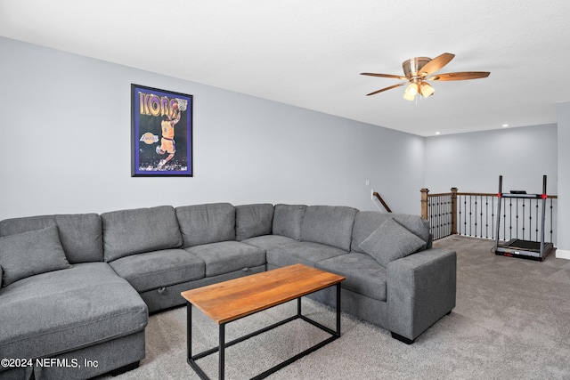 carpeted living room featuring a ceiling fan and recessed lighting