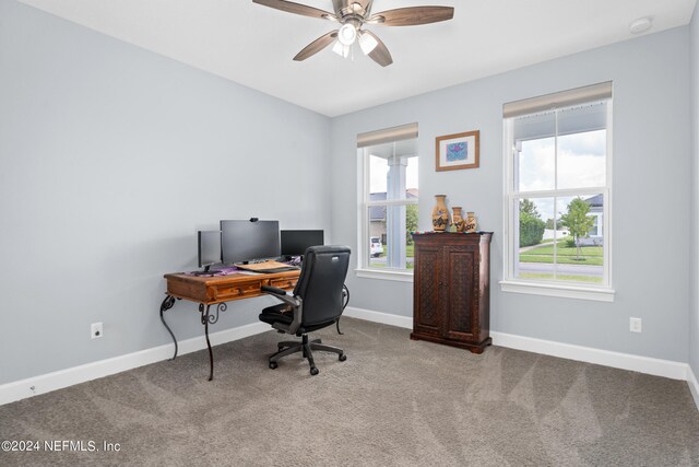 carpeted office with ceiling fan