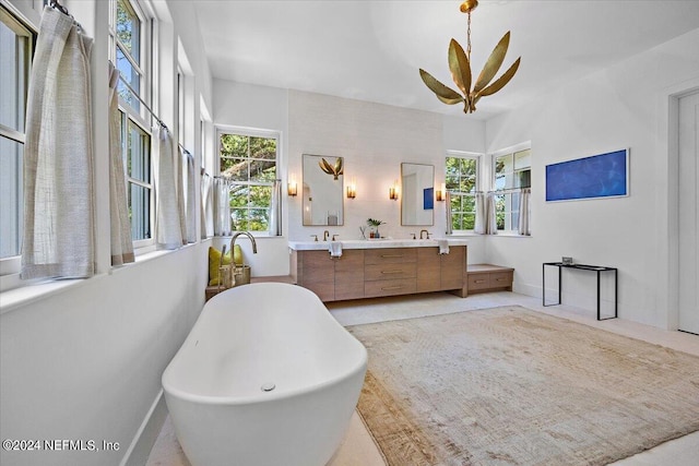 bathroom featuring plenty of natural light, a bath, and vanity