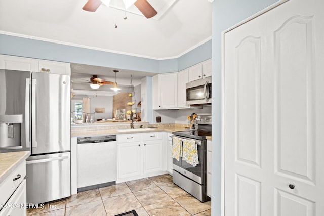 kitchen with ceiling fan, white cabinets, light tile patterned floors, and stainless steel appliances