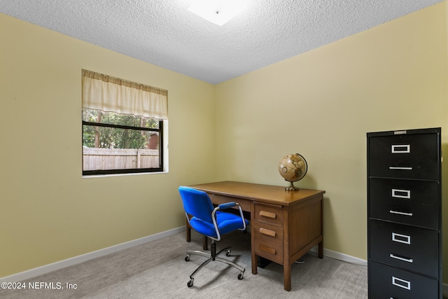 office featuring a textured ceiling and light carpet