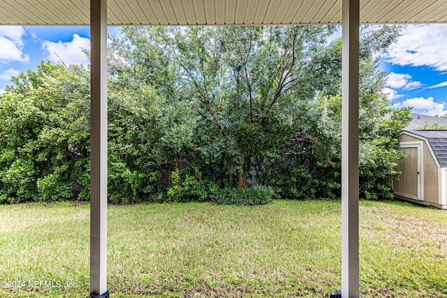 view of yard featuring a storage unit