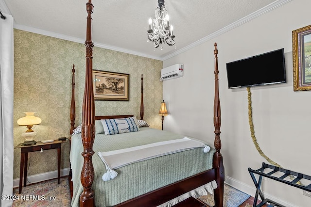 bedroom with baseboards, a chandelier, ornamental molding, a textured ceiling, and a wall mounted AC