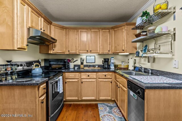 kitchen with ornamental molding, a textured ceiling, dark hardwood / wood-style flooring, sink, and appliances with stainless steel finishes