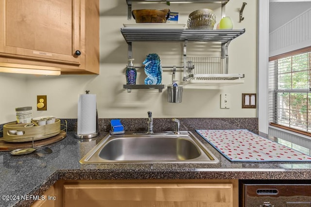 interior details with dishwasher, dark countertops, open shelves, and a sink