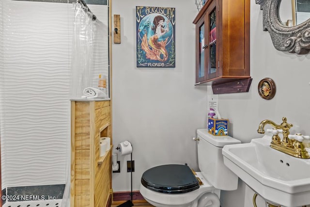 full bathroom featuring curtained shower, toilet, and a sink