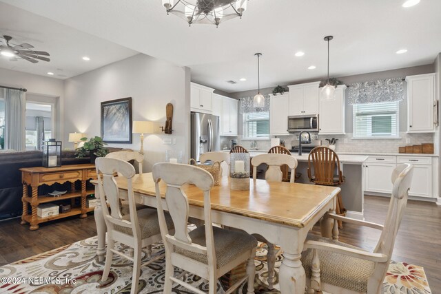 dining room with ceiling fan with notable chandelier, dark wood-type flooring, and plenty of natural light