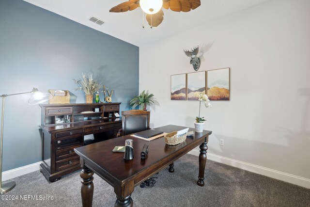 office space featuring carpet flooring and ceiling fan