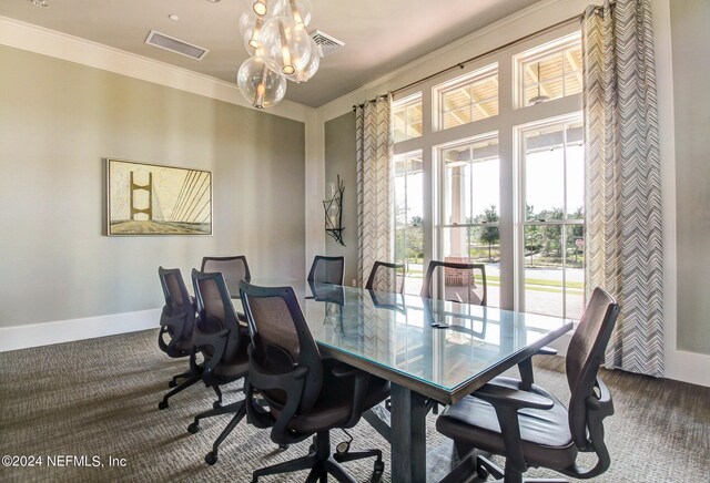 office featuring carpet flooring, a notable chandelier, and ornamental molding