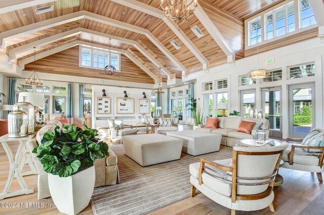 sunroom / solarium with wood ceiling, vaulted ceiling, and an inviting chandelier