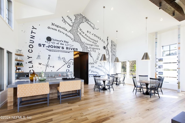 dining room with a high ceiling and wood finished floors