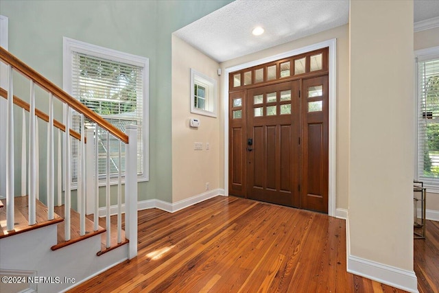 foyer featuring a textured ceiling, a healthy amount of sunlight, and wood-type flooring