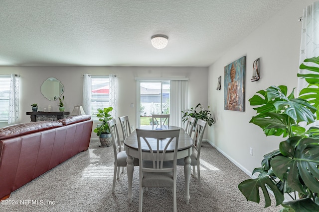 dining area featuring a textured ceiling, carpet floors, and baseboards