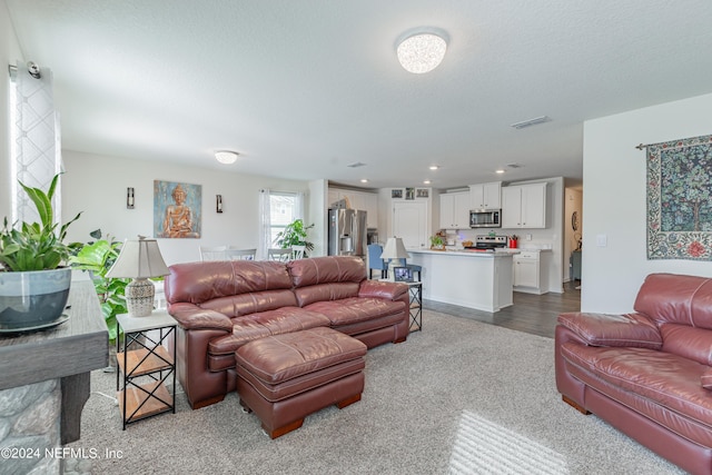 living area with visible vents, a textured ceiling, and recessed lighting