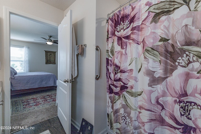 full bathroom featuring a ceiling fan, connected bathroom, and a shower with shower curtain