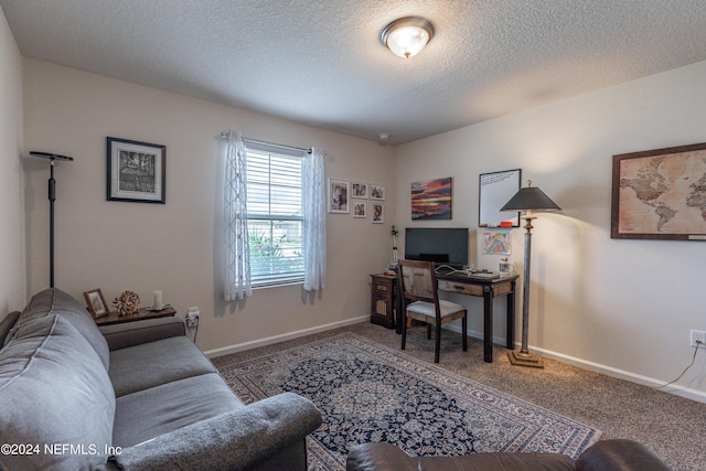 office area with carpet, a textured ceiling, and baseboards