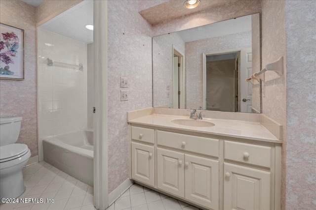 bathroom with wallpapered walls, baseboards, toilet, tile patterned flooring, and vanity