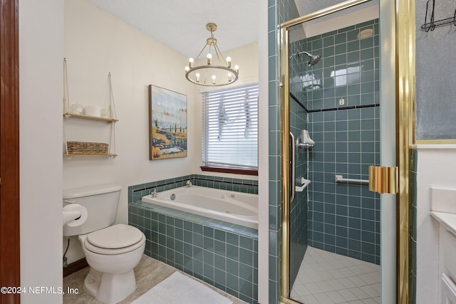 full bathroom featuring shower with separate bathtub, vanity, toilet, and a notable chandelier