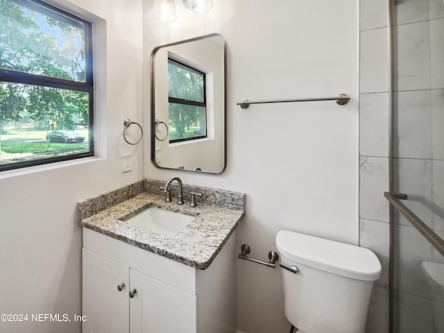 full bath with toilet, an enclosed shower, and vanity