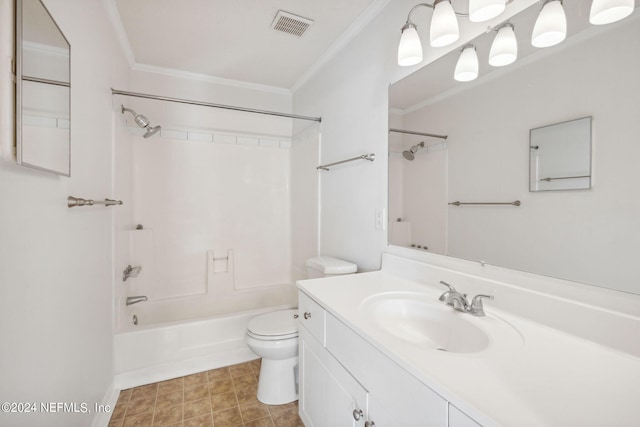 bathroom with toilet, shower / bath combination, visible vents, and ornamental molding