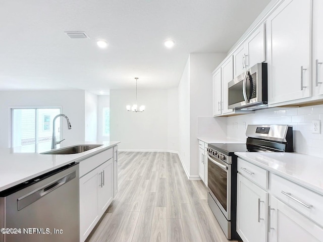 kitchen with a sink, white cabinetry, light countertops, appliances with stainless steel finishes, and hanging light fixtures