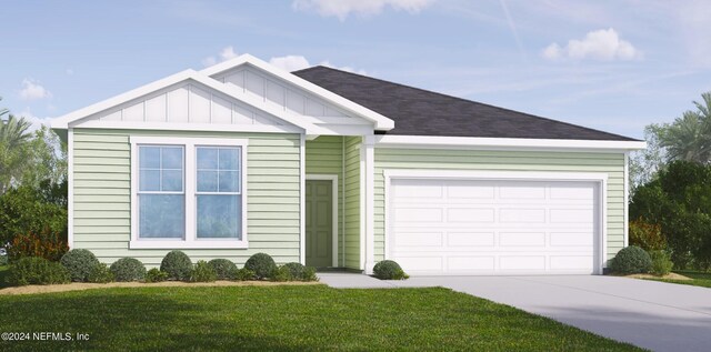 ranch-style house featuring a garage, driveway, roof with shingles, board and batten siding, and a front yard