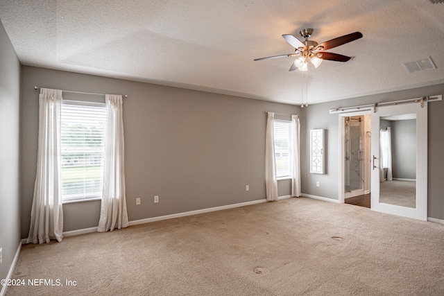 spare room featuring carpet flooring, ceiling fan, plenty of natural light, and a textured ceiling