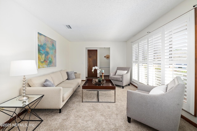 living room with a textured ceiling and light colored carpet