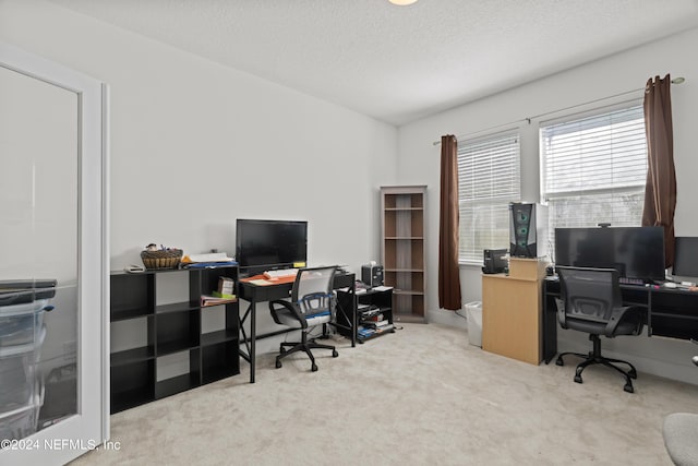 office area featuring light carpet and a textured ceiling