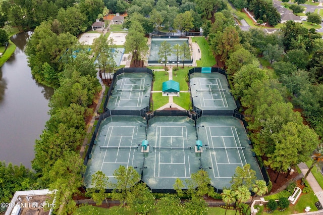 bird's eye view with a water view