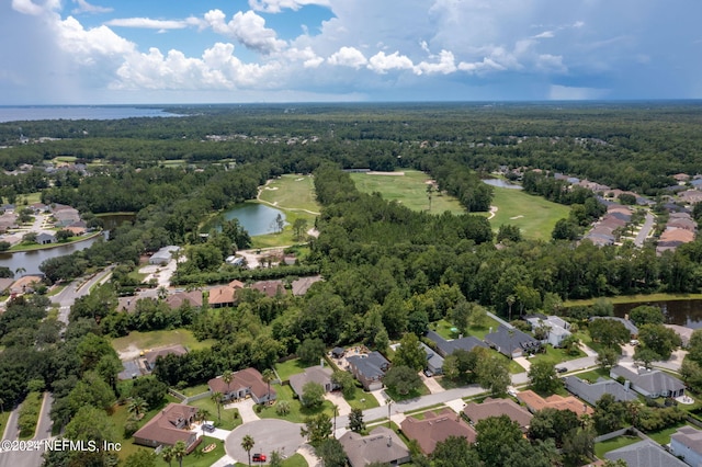 drone / aerial view featuring a forest view, a water view, and a residential view