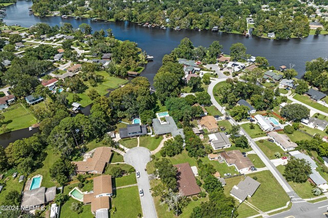 aerial view featuring a water view