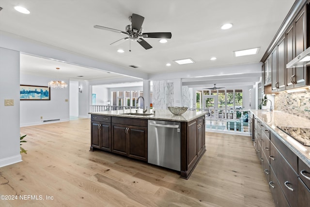 kitchen featuring dark brown cabinetry, decorative backsplash, black electric stovetop, stainless steel dishwasher, and a sink