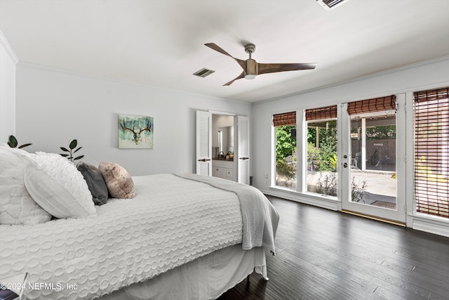 bedroom featuring ceiling fan, dark wood-type flooring, visible vents, access to exterior, and ornamental molding