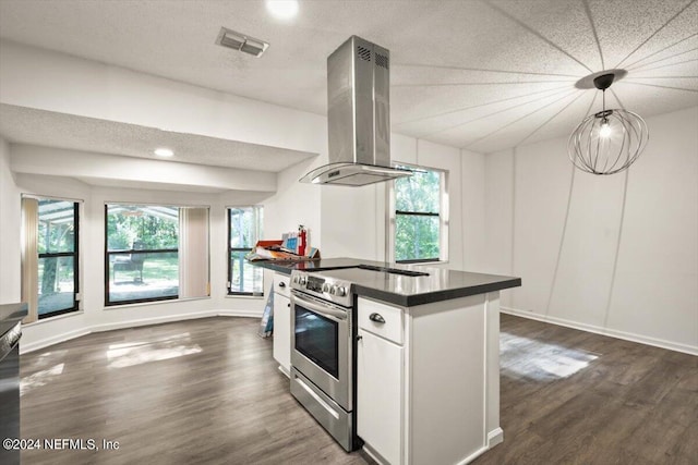 kitchen with island exhaust hood, stainless steel appliances, white cabinets, and dark wood-type flooring