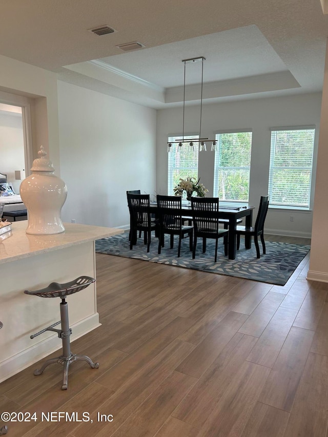 dining room featuring a tray ceiling and wood-type flooring