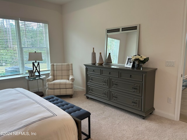 bedroom featuring multiple windows and light carpet