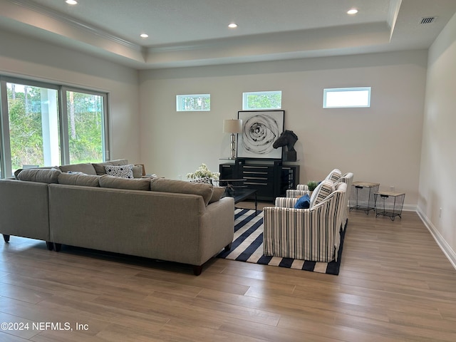 living room with light hardwood / wood-style floors, a raised ceiling, and a wealth of natural light