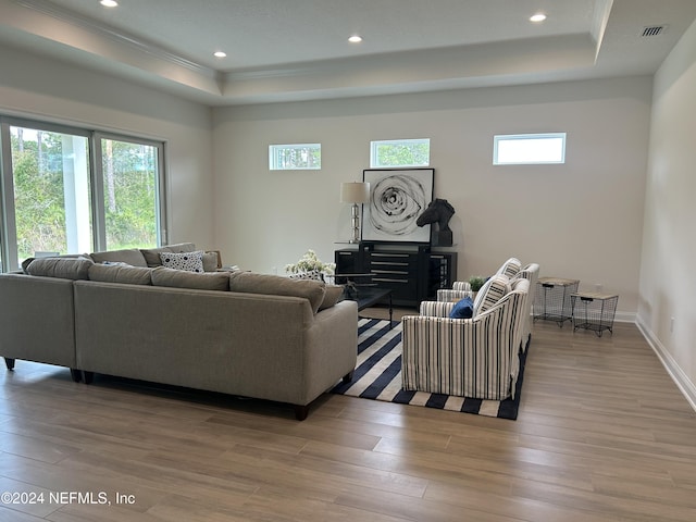 95246 Golden Glow Dr, Fernandina Beach, FL 32034 - living room featuring a tray ceiling, healthy amount of natural light, wood finished floors, recessed lighting, and ornamental molding