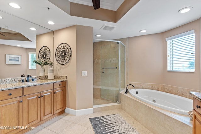 full bath with ceiling fan, a garden tub, visible vents, tile patterned floors, and a stall shower