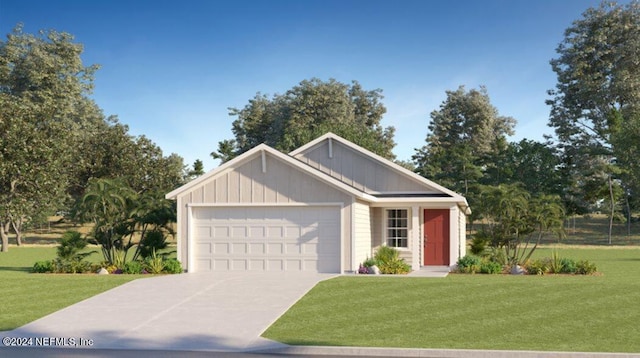 view of front of property featuring concrete driveway, a front lawn, and board and batten siding