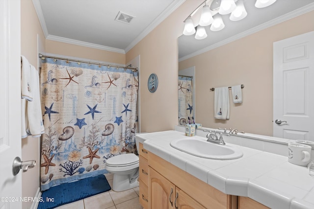 bathroom with ornamental molding, tile patterned flooring, vanity, and toilet