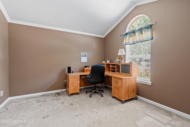 office space with lofted ceiling, light colored carpet, and crown molding