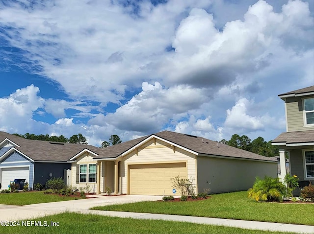 ranch-style home with a garage, concrete driveway, and a front lawn