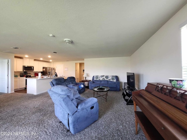 living room featuring a textured ceiling and dark colored carpet