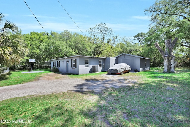 view of front facade with a front yard and central air condition unit