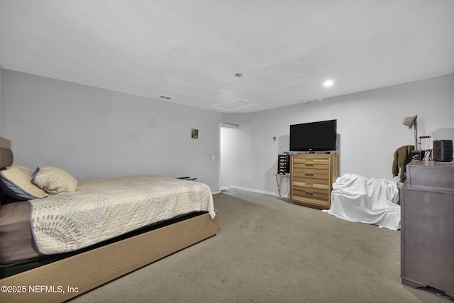 bedroom featuring recessed lighting, attic access, carpet flooring, baseboards, and visible vents