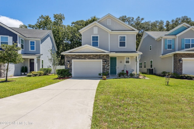 view of front facade with a garage, central AC unit, and a front lawn