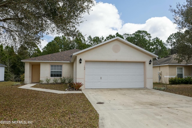 single story home featuring a garage, roof with shingles, concrete driveway, and stucco siding