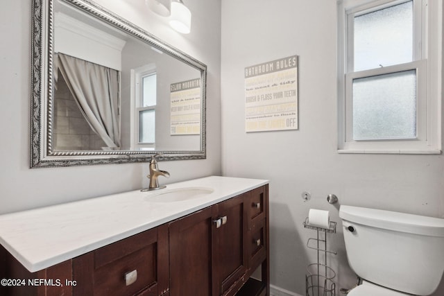 bathroom featuring vanity, toilet, and plenty of natural light